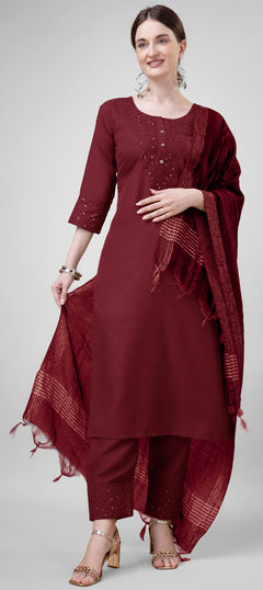 Red and Maroon color Salwar Kameez in Blended Cotton fabric with Embroidered, Sequence, Thread work