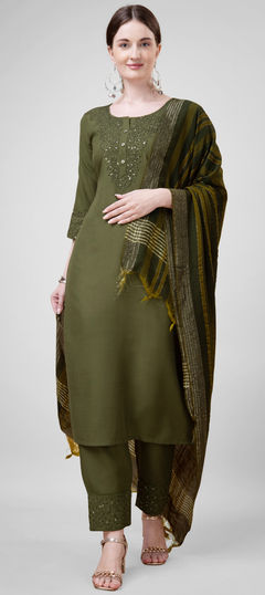 Green color Salwar Kameez in Blended Cotton fabric with Embroidered, Sequence, Thread work