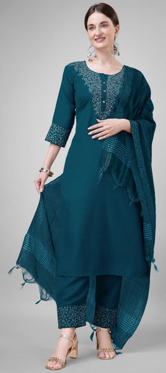 Blue color Salwar Kameez in Blended Cotton fabric with Embroidered, Sequence, Thread work