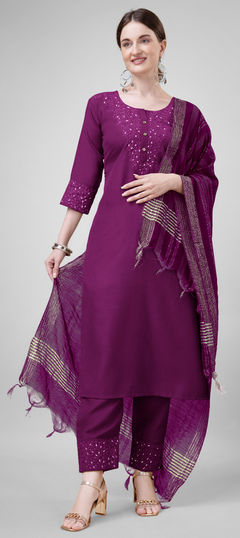 Purple and Violet color Salwar Kameez in Blended Cotton fabric with Embroidered, Sequence, Thread work