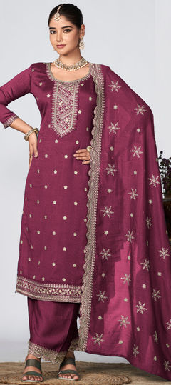 Pink and Majenta color Salwar Kameez in Silk fabric with Embroidered, Sequence, Thread work