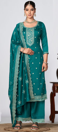 Blue color Salwar Kameez in Silk fabric with Embroidered, Sequence, Thread work