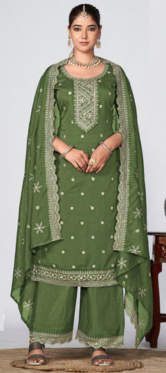 Green color Salwar Kameez in Silk fabric with Embroidered, Sequence, Thread work