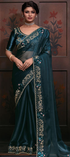 Blue color Saree in Shimmer, Silk fabric with Sequence, Stone work