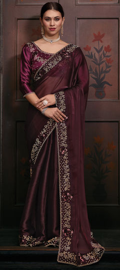 Traditional, Wedding Red and Maroon color Saree in Shimmer, Silk fabric with Classic Sequence, Stone work : 1940351