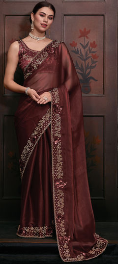 Beige and Brown color Saree in Shimmer, Silk fabric with Sequence, Stone work