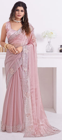 Pink and Majenta color Saree in Shimmer, Silk fabric with Sequence, Stone work