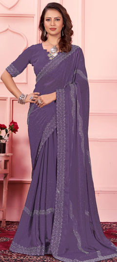 Purple and Violet color Saree in Art Silk fabric with Fancy Work work