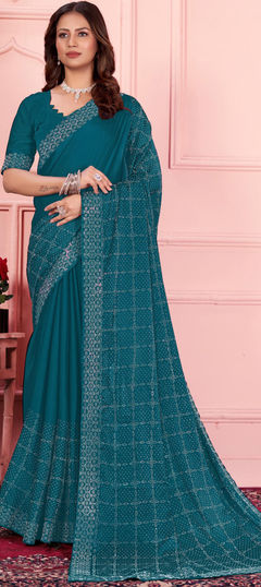 Blue color Saree in Art Silk fabric with Fancy Work work