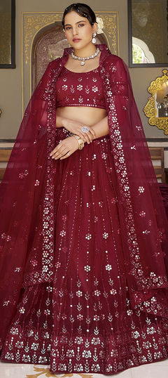 Red and Maroon color Lehenga in Net fabric with Embroidered, Sequence, Thread work