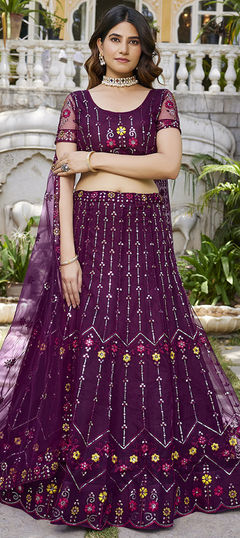 Festive, Reception, Wedding Purple and Violet color Lehenga in Net fabric with Flared Embroidered, Sequence, Thread work : 1940423