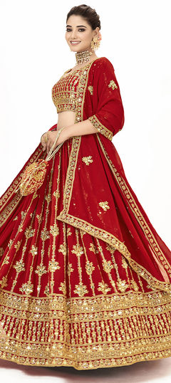 Red and Maroon color Lehenga in Georgette fabric with Fancy Work work