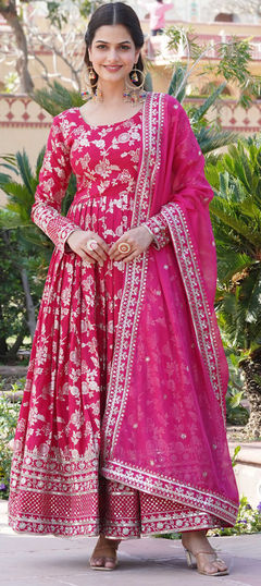 Party Wear Pink and Majenta color Gown in Viscose fabric with Weaving work : 1940610