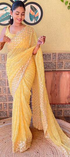 Yellow color Saree in Georgette fabric with Embroidered, Sequence, Thread work