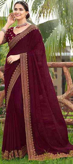 Red and Maroon color Saree in Silk fabric with Embroidered work