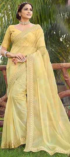 Yellow color Saree in Silk fabric with Embroidered work