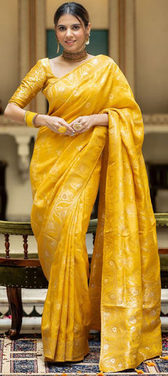 Yellow color Saree in Art Silk fabric with Weaving work