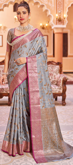 Party Wear, Traditional Black and Grey color Saree in Silk cotton fabric with Bengali Weaving work : 1940751