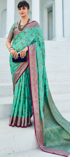 Blue color Saree in Silk cotton fabric with Weaving work