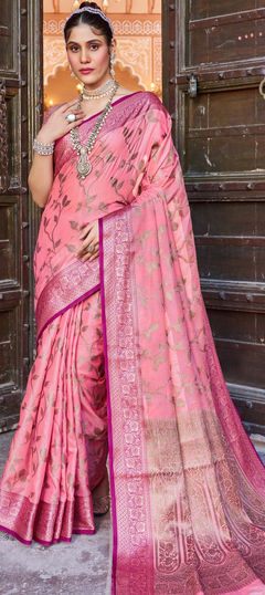 Party Wear, Traditional Pink and Majenta color Saree in Silk cotton fabric with Bengali Weaving work : 1940753