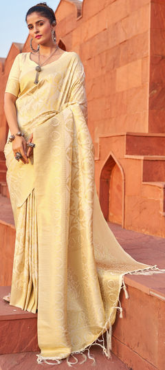 Beige and Brown color Saree in Banarasi Silk fabric with Weaving work