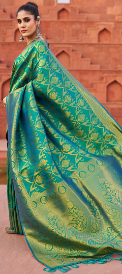Green color Saree in Banarasi Silk fabric with Weaving work