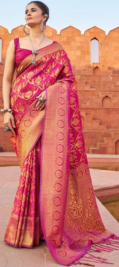 Pink and Majenta color Saree in Banarasi Silk fabric with Weaving work