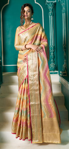 Yellow color Saree in Blended fabric with Weaving, Zari work