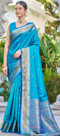 Blue color Saree in Blended fabric with Weaving work