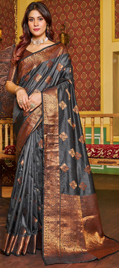 Black and Grey color Saree in Blended fabric with Weaving, Zari work