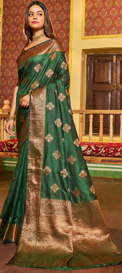 Green color Saree in Blended fabric with Weaving, Zari work