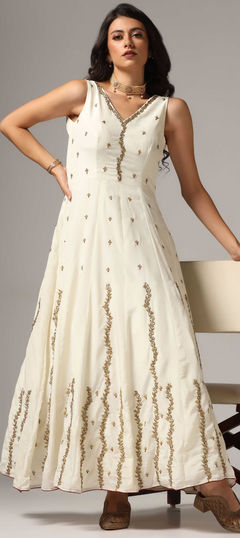 White and Off White color Gown in Crepe Silk fabric with Cut Dana, Resham, Sequence, Zari work