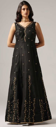 Black and Grey color Gown in Raw Silk fabric with Cut Dana, Resham, Sequence, Zari work