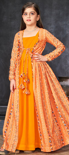 Party Wear Orange color Girls Gown in Faux Georgette fabric with Digital Print work : 1940832