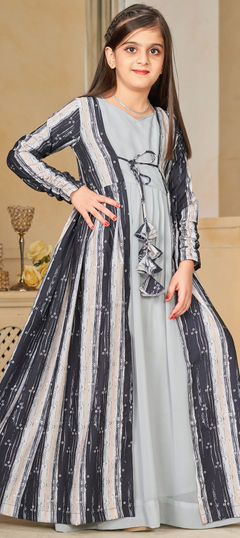 Party Wear Black and Grey color Girls Gown in Faux Georgette fabric with Digital Print work : 1940833