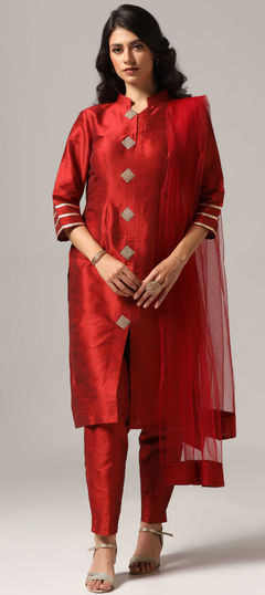 Red and Maroon color Salwar Kameez in Raw Silk fabric with Gota Patti, Lace, Stone work