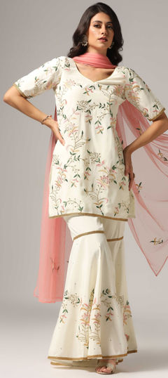 White and Off White color Salwar Kameez in Crepe Silk fabric with Embroidered, Resham, Stone work