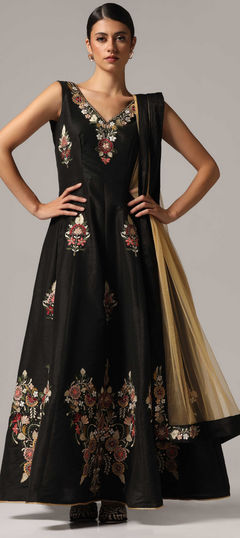 Black and Grey color Salwar Kameez in Raw Silk fabric with Embroidered, Resham work