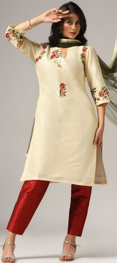 White and Off White color Salwar Kameez in Net, Raw Silk fabric with Embroidered, Resham work