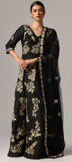 Black and Grey color Salwar Kameez in Raw Silk fabric with Aari, Stone, Zari work