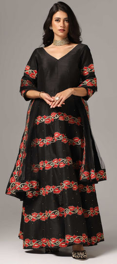 Black and Grey color Salwar Kameez in Raw Silk fabric with Aari, Stone work