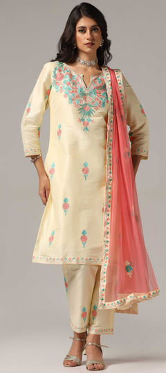 White and Off White color Salwar Kameez in Net, Raw Silk fabric with Embroidered, Resham, Zari work