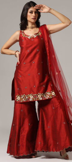 Red and Maroon color Salwar Kameez in Net, Raw Silk fabric with Embroidered, Resham work