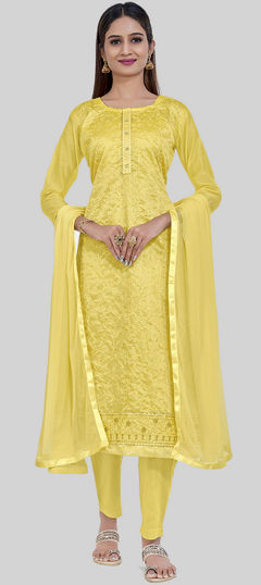 Festive, Party Wear Yellow color Salwar Kameez in Chanderi Silk fabric with Straight Embroidered, Thread work : 1940878