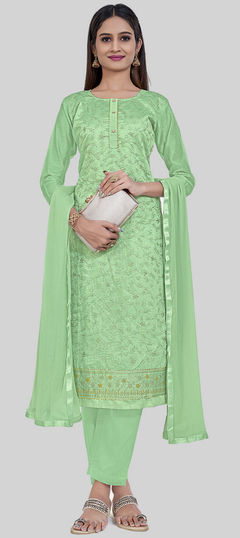 Festive, Party Wear Green color Salwar Kameez in Chanderi Silk fabric with Straight Embroidered, Thread work : 1940881