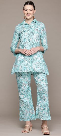 Blue color Co-ords Set in Cotton fabric with Printed work