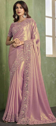 Reception, Traditional, Wedding Pink and Majenta color Saree in Satin Silk fabric with South Embroidered, Resham, Sequence, Thread work : 1940999