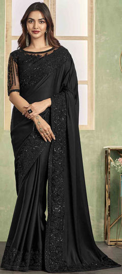 Reception, Traditional, Wedding Black and Grey color Saree in Silk fabric with South Embroidered, Resham, Sequence, Thread work : 1941006