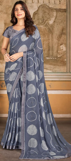 Black and Grey color Saree in Georgette fabric with Digital Print work