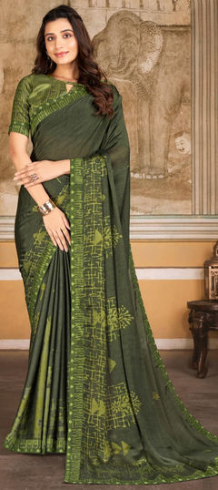 Green color Saree in Georgette fabric with Digital Print work